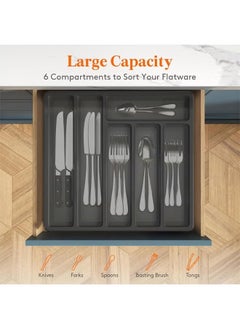 Arabest Silverware Organizer with Lid, Covered Utensil Tray for Kitchen Drawer and Countertop, Plastic Cutlery and Flatware Storage Box for Spoons, Forks, Knives, 6 Compartments (Black)  - Image 3