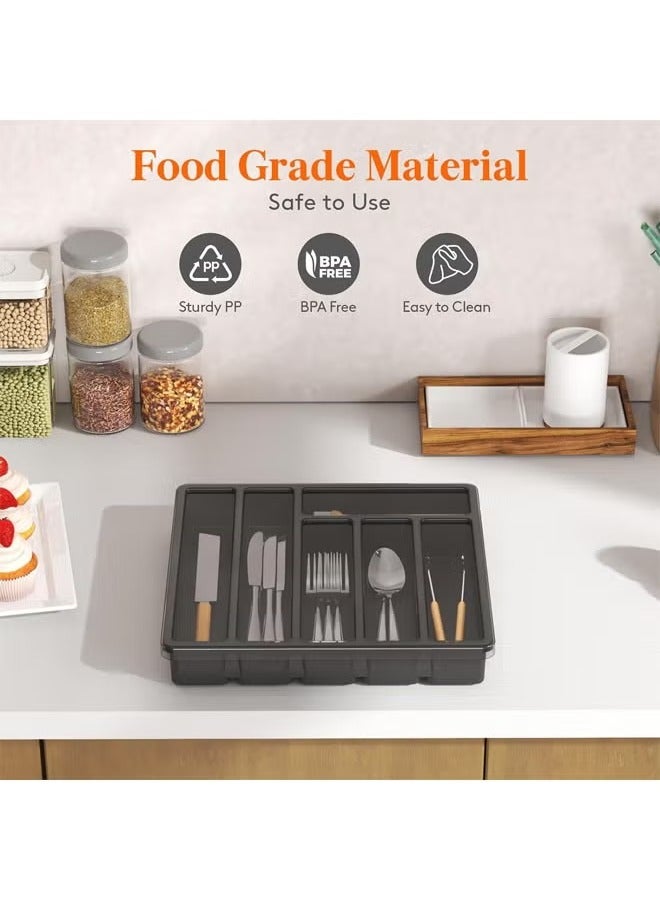 عربست منظم أواني فضية بغطاء، صينية أواني مغطاة لدرج المطبخ وسطح العمل، علبة تخزين أدوات المائدة وأدوات المائدة البلاستيكية للملاعق والشوك والسكاكين، 6 حجرات (أسود) - Image 4
