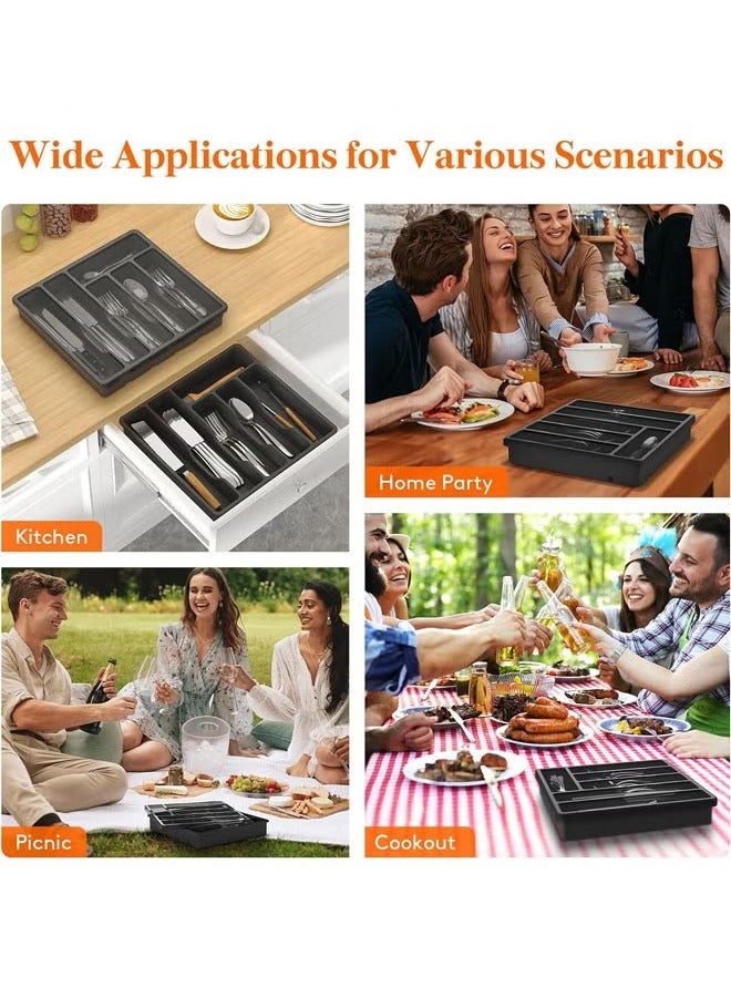 عربست منظم أواني فضية بغطاء، صينية أواني مغطاة لدرج المطبخ وسطح العمل، علبة تخزين أدوات المائدة وأدوات المائدة البلاستيكية للملاعق والشوك والسكاكين، 6 حجرات (أسود) - Image 5