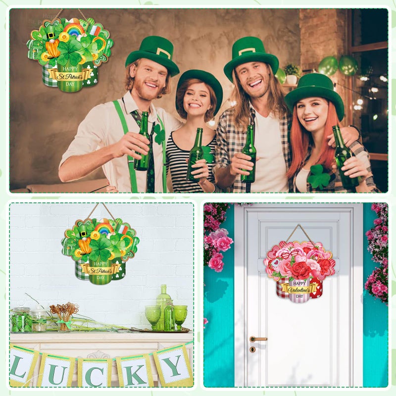 PETCEE Valentine's Day&St. Patrick's Day Door Sign - Reversible Double-Sided Valentine's Day Front Door Decorations Shamrock Welcome Wreath Sign for Home Farmhouse St. Patrick's Day Wall Door Hanger - Image 5