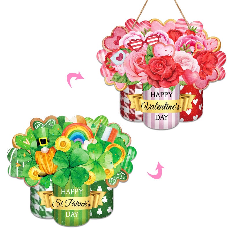 PETCEE Valentine's Day&St. Patrick's Day Door Sign - Reversible Double-Sided Valentine's Day Front Door Decorations Shamrock Welcome Wreath Sign for Home Farmhouse St. Patrick's Day Wall Door Hanger - Image 1
