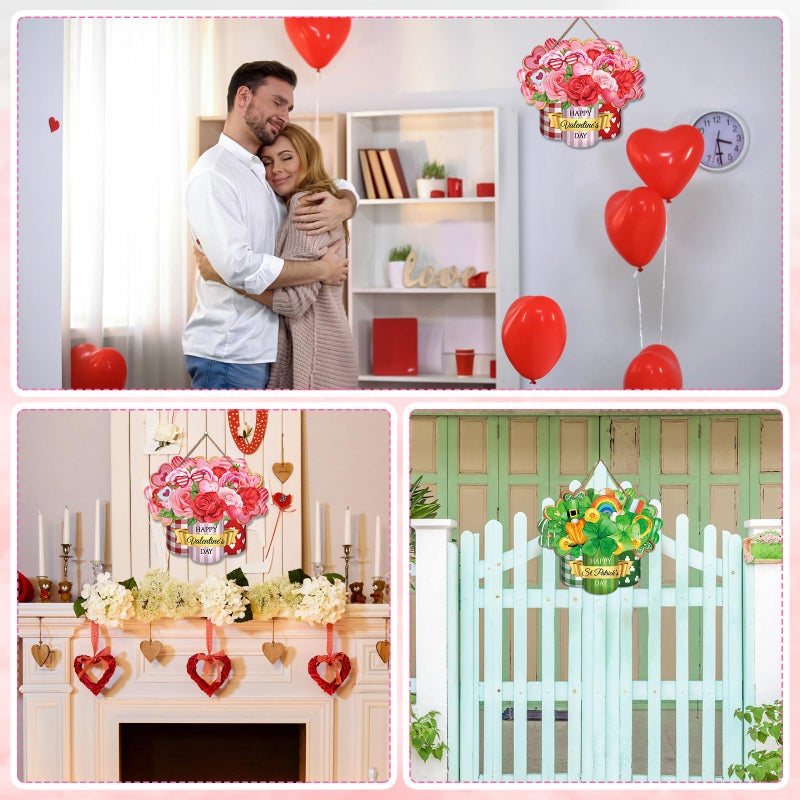 PETCEE Valentine's Day&St. Patrick's Day Door Sign - Reversible Double-Sided Valentine's Day Front Door Decorations Shamrock Welcome Wreath Sign for Home Farmhouse St. Patrick's Day Wall Door Hanger - Image 3