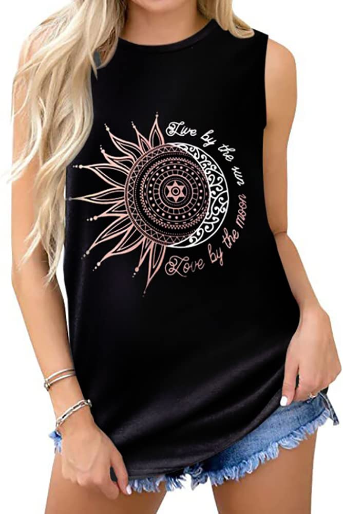 rosemia Sun Moon Graphic Tank Tops for Women Summer Sleeveless Tshirts Beach Casual Loose Tunic Blouses(Black, L) - Image 1