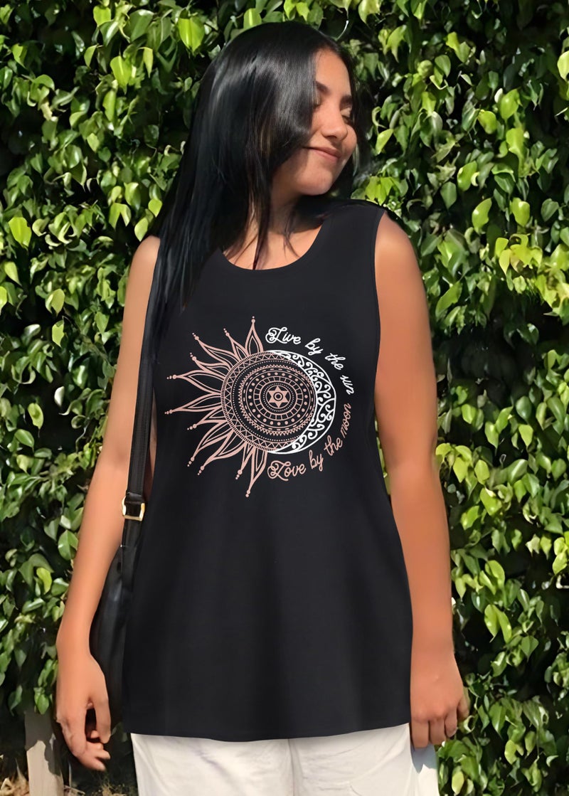 rosemia Sun Moon Graphic Tank Tops for Women Summer Sleeveless Tshirts Beach Casual Loose Tunic Blouses(Black, L) - Image 3