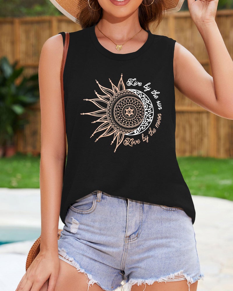rosemia Sun Moon Graphic Tank Tops for Women Summer Sleeveless Tshirts Beach Casual Loose Tunic Blouses(Black, L) - Image 4