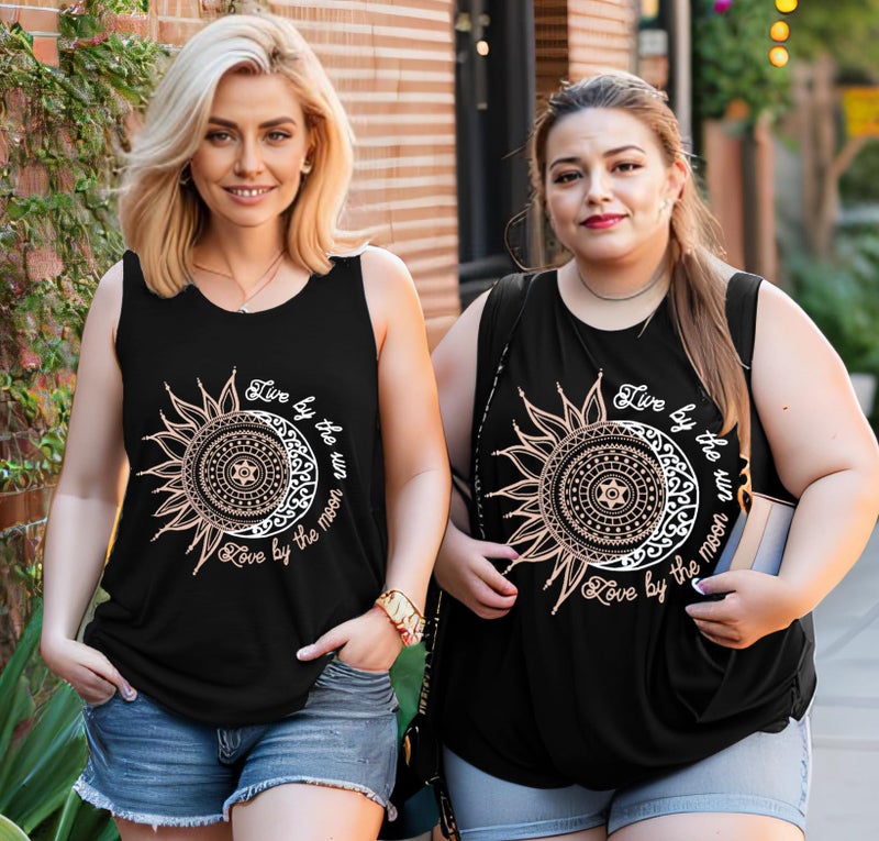 rosemia Sun Moon Graphic Tank Tops for Women Summer Sleeveless Tshirts Beach Casual Loose Tunic Blouses(Black, L) - Image 2