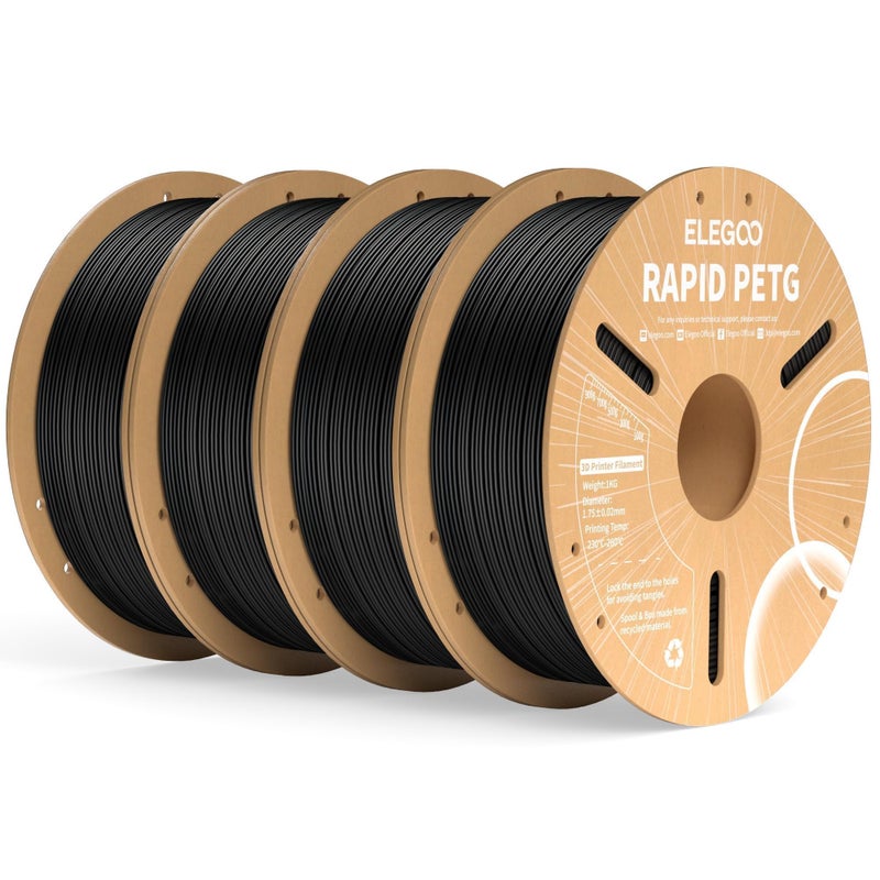 ELEGOO Rapid PETG Filament 1.75mm Black 4KG, High Speed 30-600mm/s 3D Printer Filament Dimensional Accuracy +/- 0.02 mm, 1kg Cardboard Spool(2.2lbs) Fits for Most FDM 3D Printers - Image 1