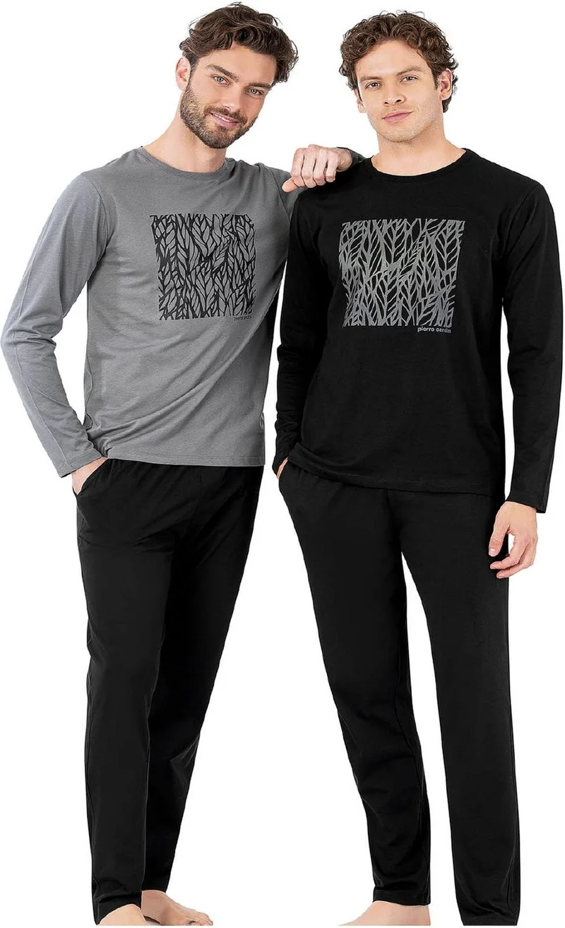 بيير كاردان 6066 Men's Long Sleeve Crew Neck Pajama Set-Gray
