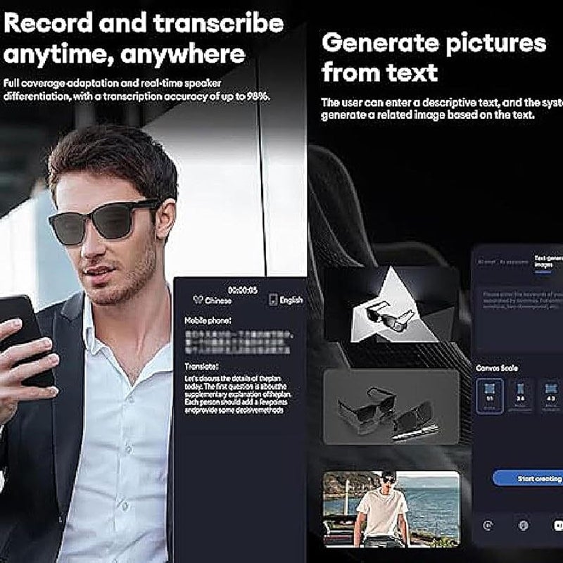 نظارات الذكاء الاصطناعي الأسود المترجمة - ترجمة فورية لـ 144 لغة - نظارات ذكية مع تشغيل الموسيقى - Image 5