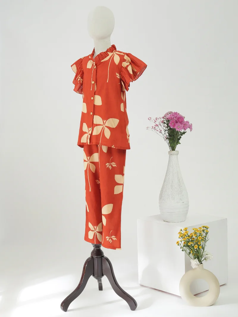 globus Globus Girls Maroon Frilled Mandarin Collar Flutter Sleeves Floral Print Shirt With Pants Co-Ord Set