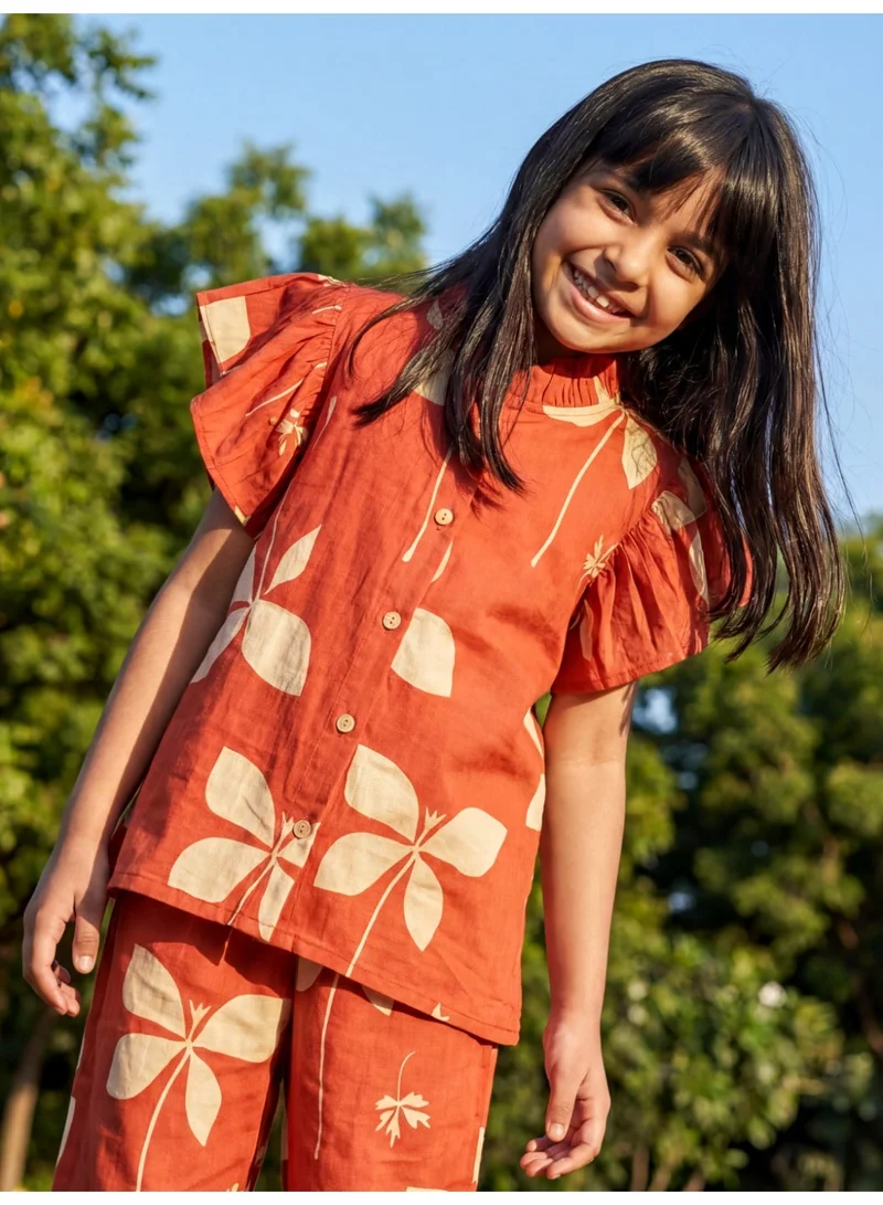 جلو باص Globus Girls Maroon Floral Frilled Mandarin Collar Flutter Sleeves Cotton Shirt & Trousers Co-Ord Set