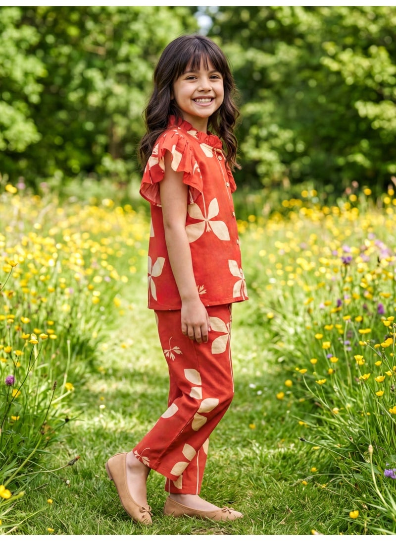 Globus Girls Maroon Floral Frilled Mandarin Collar Flutter Sleeves Cotton Shirt & Trousers Co-Ord Set - Image 3