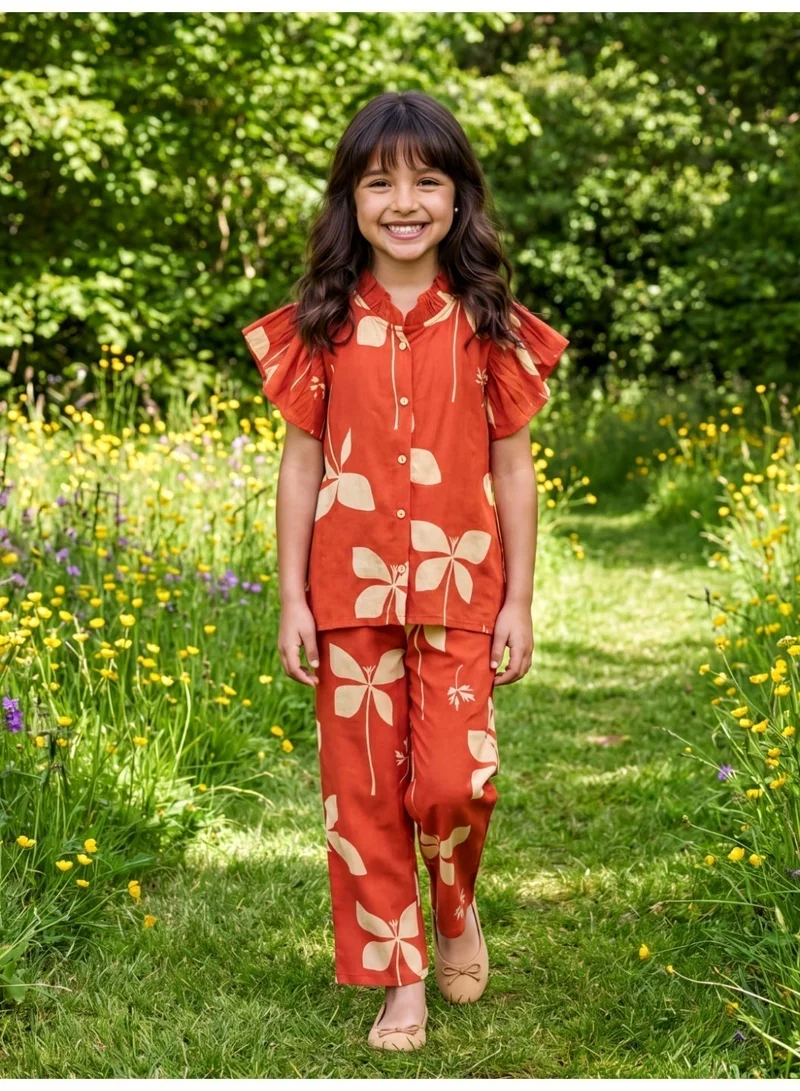 جلو باص Globus Girls Maroon Floral Frilled Mandarin Collar Flutter Sleeves Cotton Shirt & Trousers Co-Ord Set
