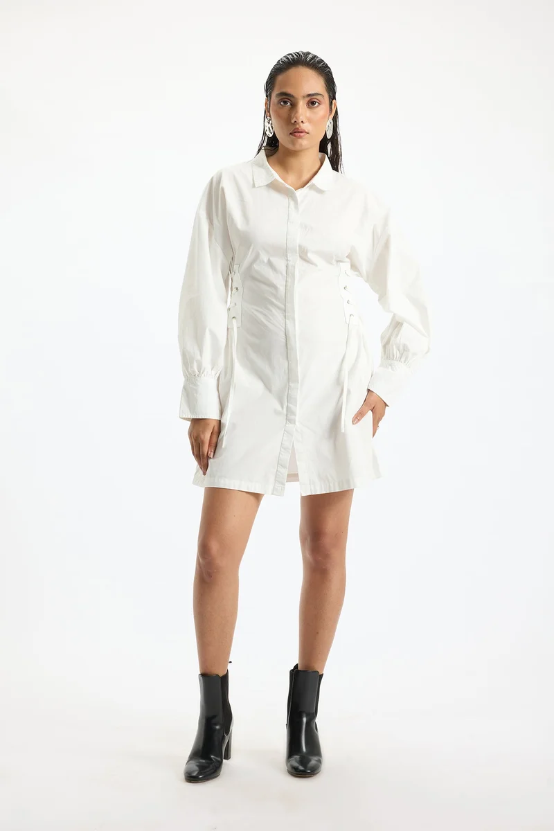 Virgio Solid Cotton White Lace-Up Shirt Dress for Women