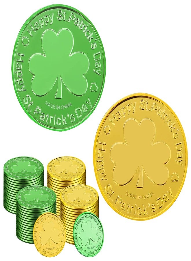 SpinLaLa St. Patrick's Day Gold Coins - 100 Pieces Gold Green Lucky Coins Plastic Shamrock Leprechaun Coins, 3-Leaf Clover Coin for Party Decoration Favors - Image 1