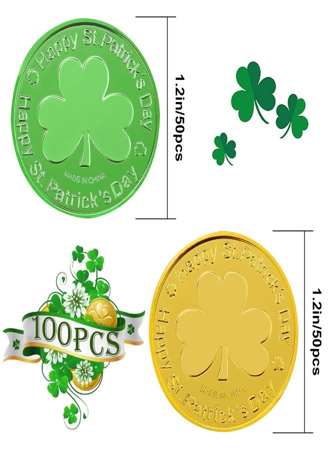 SpinLaLa St. Patrick's Day Gold Coins - 100 Pieces Gold Green Lucky Coins Plastic Shamrock Leprechaun Coins, 3-Leaf Clover Coin for Party Decoration Favors - Image 2