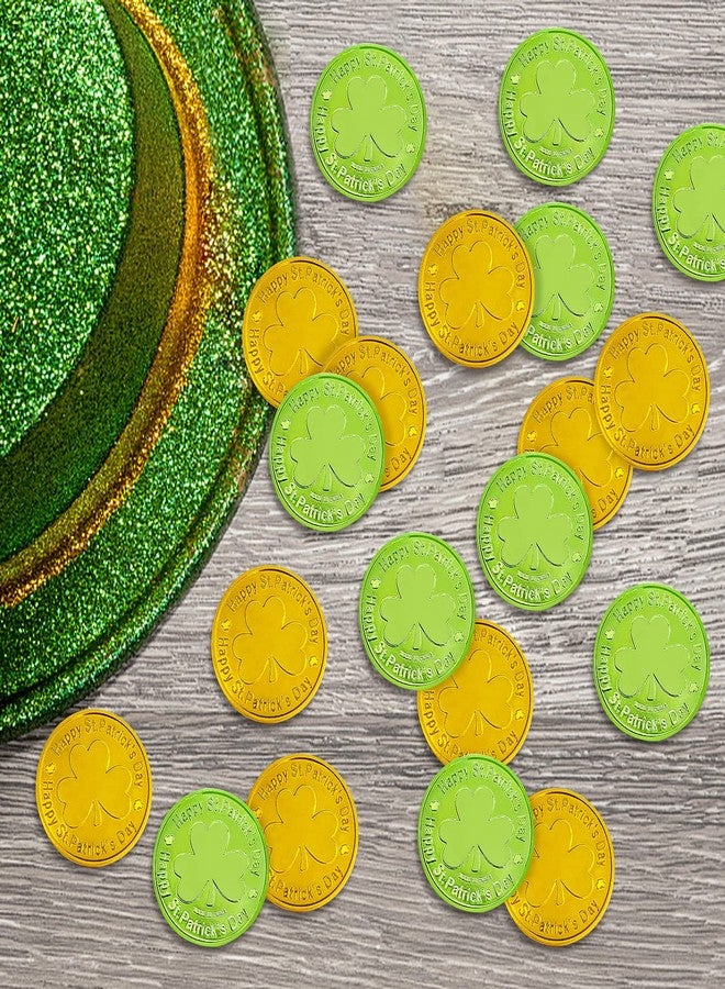 SpinLaLa St. Patrick's Day Gold Coins - 100 Pieces Gold Green Lucky Coins Plastic Shamrock Leprechaun Coins, 3-Leaf Clover Coin for Party Decoration Favors - Image 5