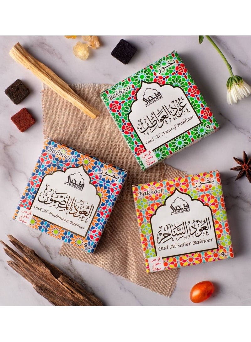 DUKHNI Oud Al Saher, Oud Al Madhmoon, Oud Al Awatef Bakhoor | 3 x 9 Piece each | Assorted Arabic Bakhoor Incense | Perfect to Relax, Meditate & Pray | Rich, Luxurious, Long Lasting - Image 1