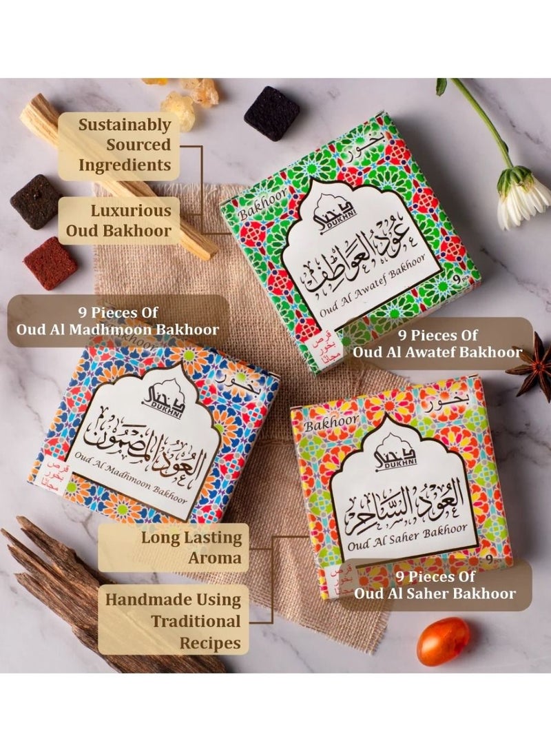 DUKHNI Oud Al Saher, Oud Al Madhmoon, Oud Al Awatef Bakhoor | 3 x 9 Piece each | Assorted Arabic Bakhoor Incense | Perfect to Relax, Meditate & Pray | Rich, Luxurious, Long Lasting - Image 2