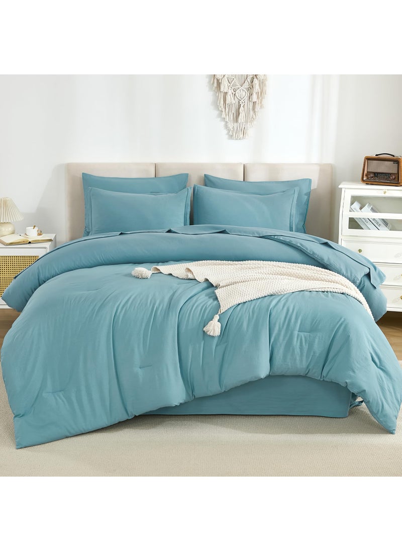 Litanika Litanika California King Comforter Set Grayish Teal - 7 Pieces Bed in a Bag Cal King Beddding Comforter Sets  Plain Lightweight Bed Set with Comforter  Sheets  Pillowcases & Shams  - Image 2