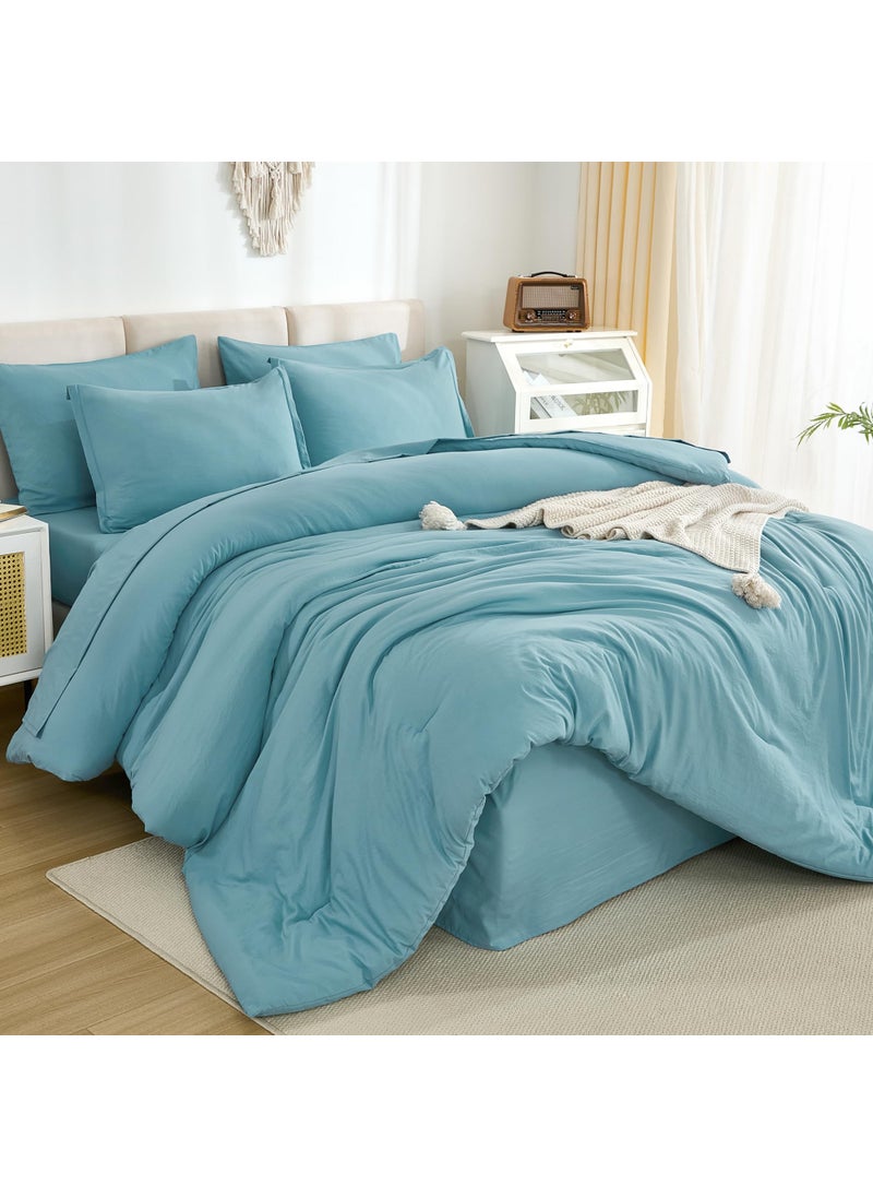 Litanika Litanika California King Comforter Set Grayish Teal - 7 Pieces Bed in a Bag Cal King Beddding Comforter Sets  Plain Lightweight Bed Set with Comforter  Sheets  Pillowcases & Shams  - Image 1