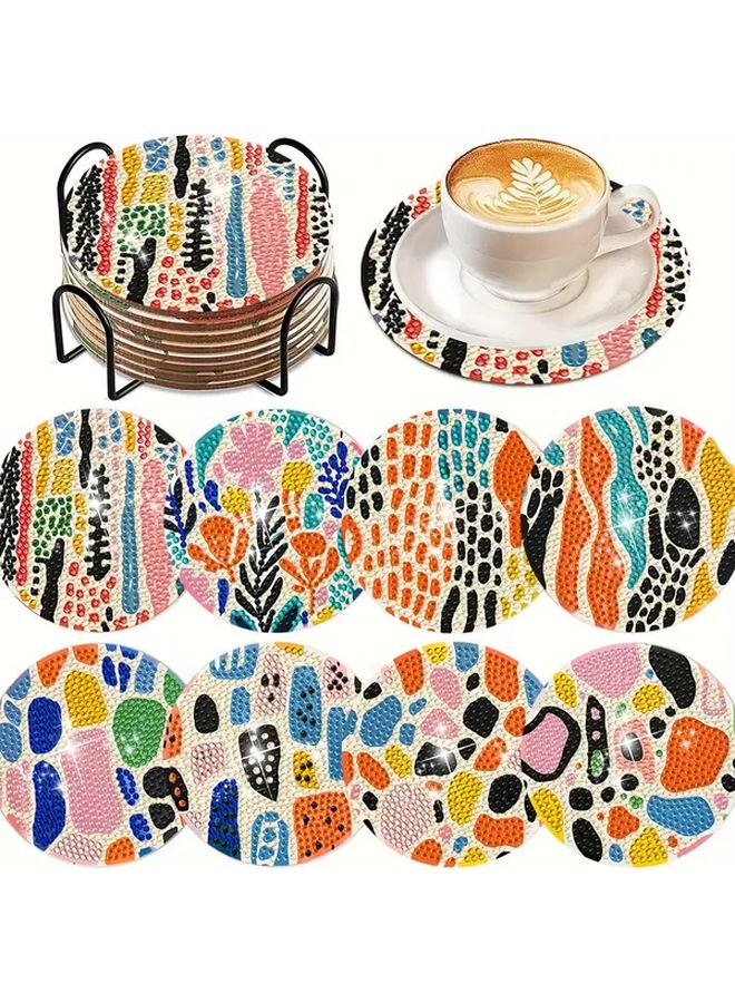 8 Pack Round Diamond Painting Coasters With Stand Diy Art Craft Supplies Mosaic Making Kit Wooden Painting Set For Beginners Model BD107 - Image 3