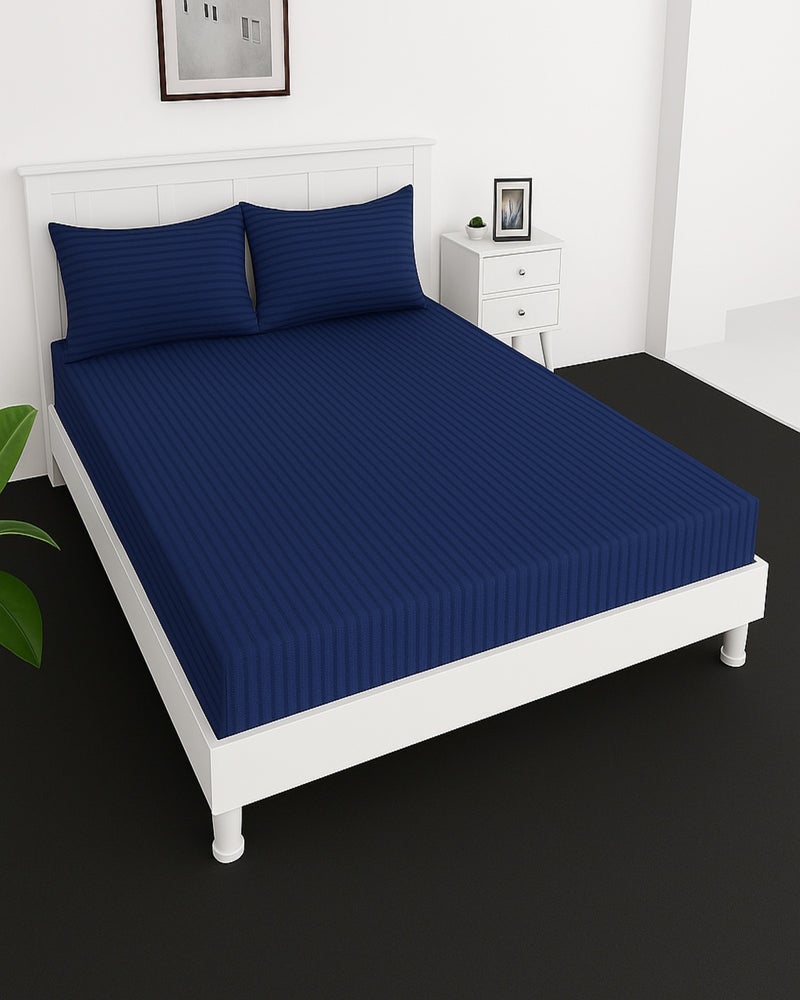 MAXQON Deep Fitted Bed Sheet with 2Pcs Pillow Covers, Super king (200x200+30CM), Color Blue - Image 1