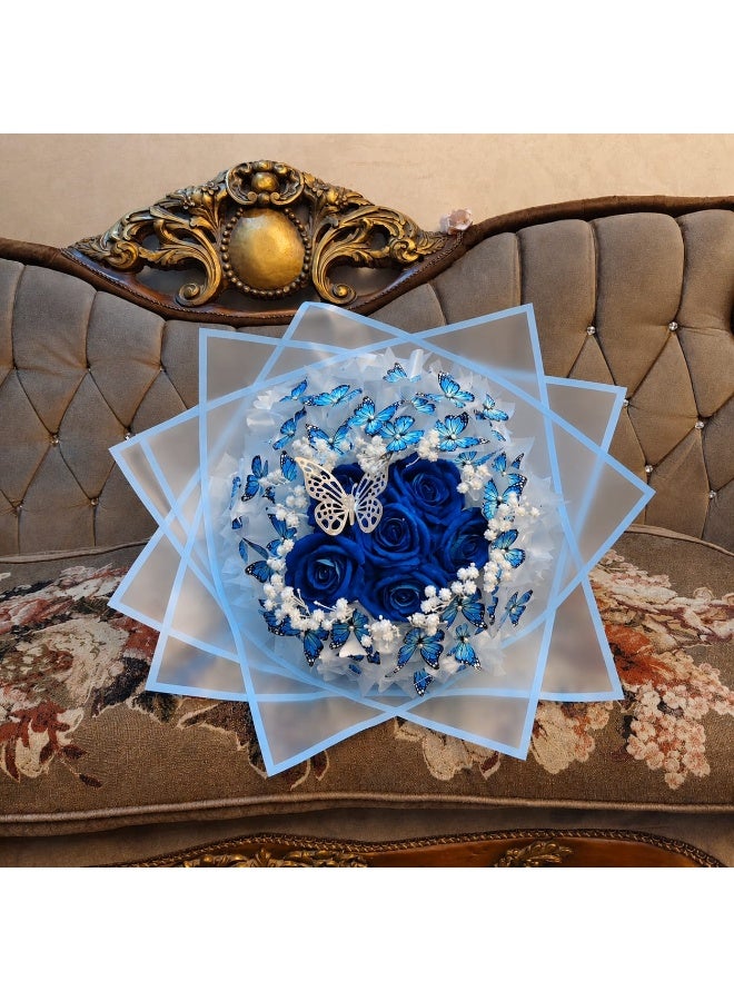 Luxury Artificial Rose Bouquet - 7 Royal Blue Roses with Blue Butterflies and Baby Breath - Valentine Gift