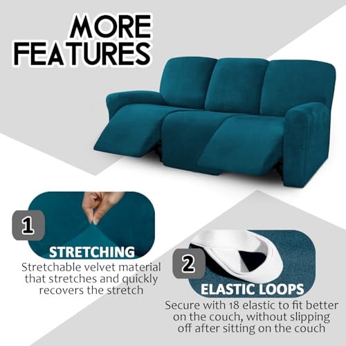 ULTICOR Velvet 8-Pieces Recliner Sofa Covers Stretch Reclining Couch Covers for 3 Cushion Reclining Sofa Slipcovers Furniture Covers Thick Soft Washable (3 Seater Recliner Cover, Deep Teal) - Image 4