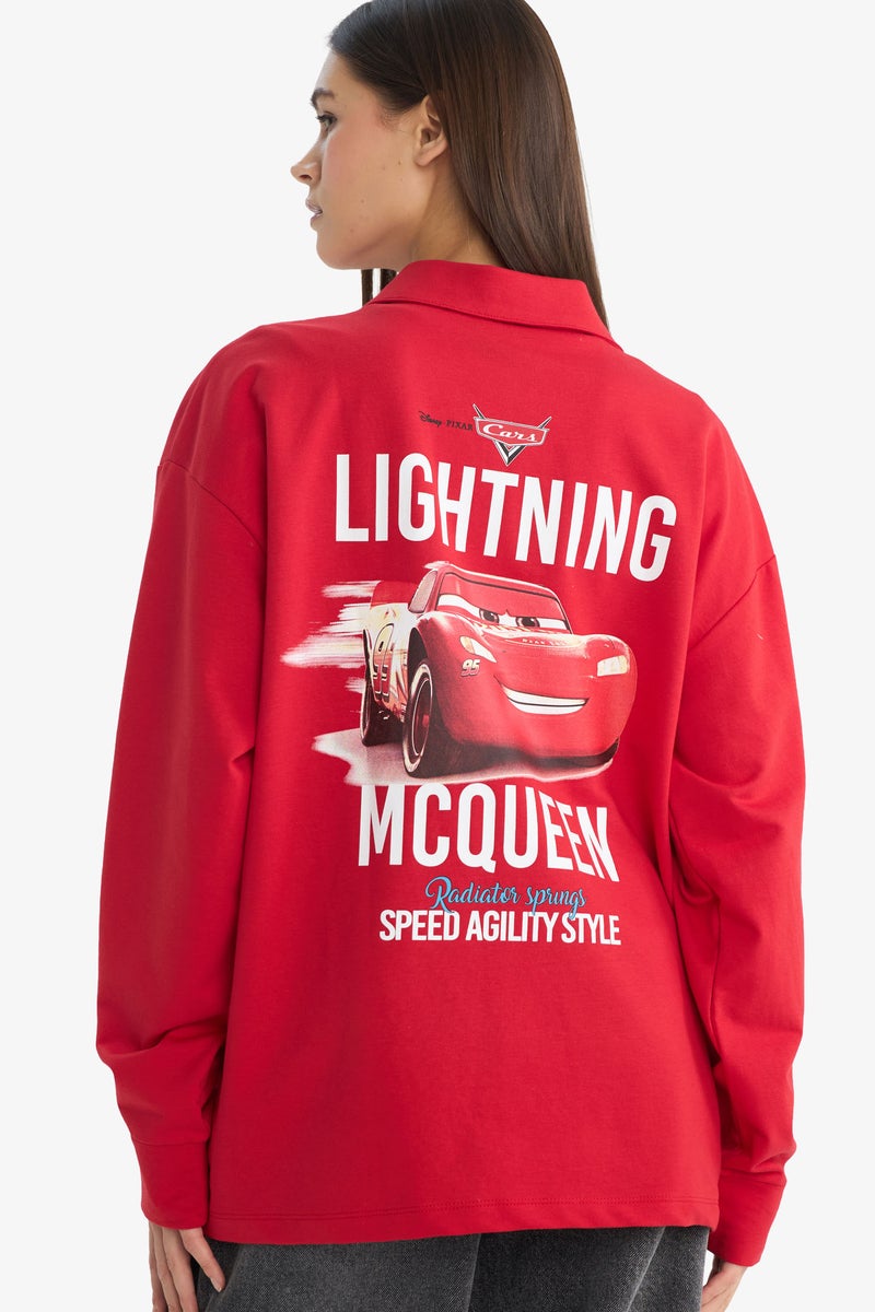 DeFacto Red Woman Cars Oversize Polo Collar Back Print Sweatshirt Casual - Image 1