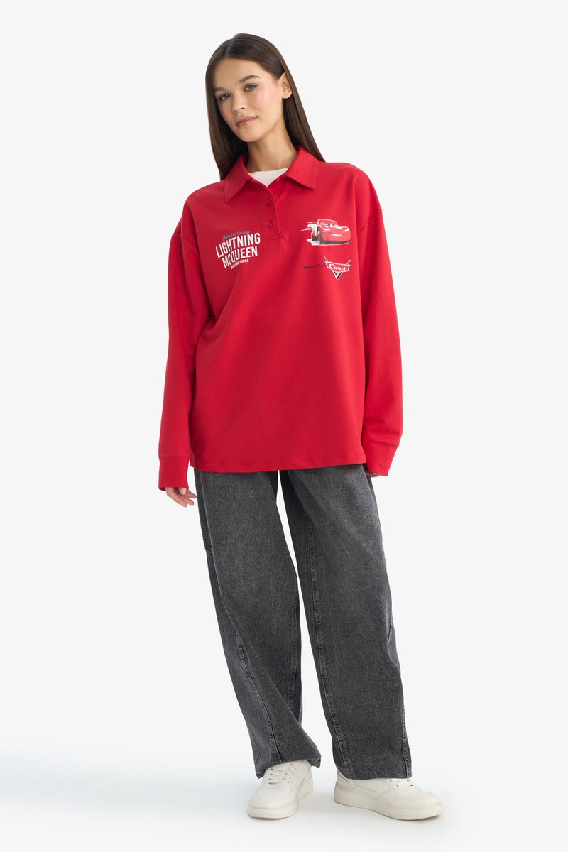 DeFacto Red Woman Cars Oversize Polo Collar Back Print Sweatshirt Casual - Image 2