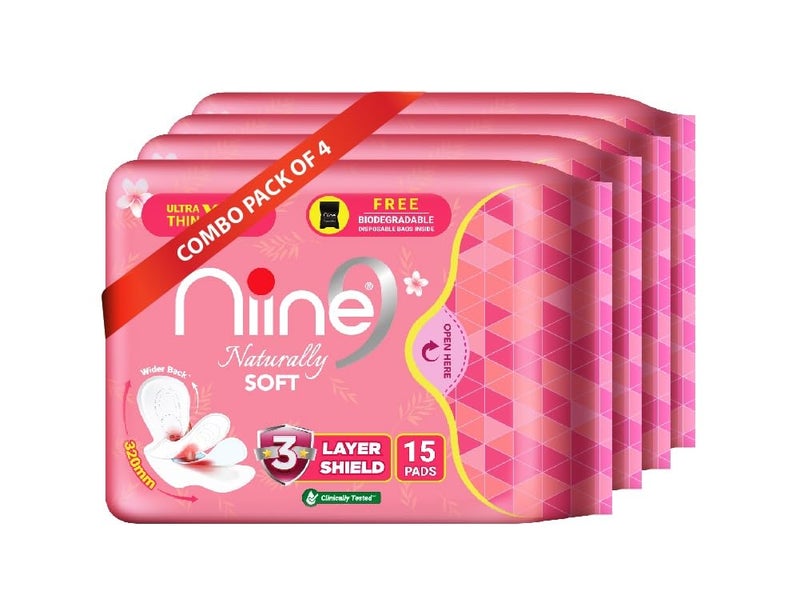 NIINE Naturally Soft Ultra Thin XL+ Sanitary Napkins for Heavy Flow (Pack of 4) 60 Pads with Free Biodegradable Disposal Bags - Image 1