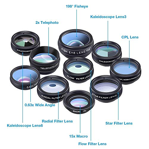 Apexel Phone Camera Lens-Macro Lens+Wide Lens+Fisheye Lens+Telephoto Lens+CPL/Flow/Radial/Star Filter+Kaleidoscope 3/6 Lens 10 in 1 Lens Kit +Remote Shutter for iPhone, Samsung,LG and Most Smartphones - Image 2