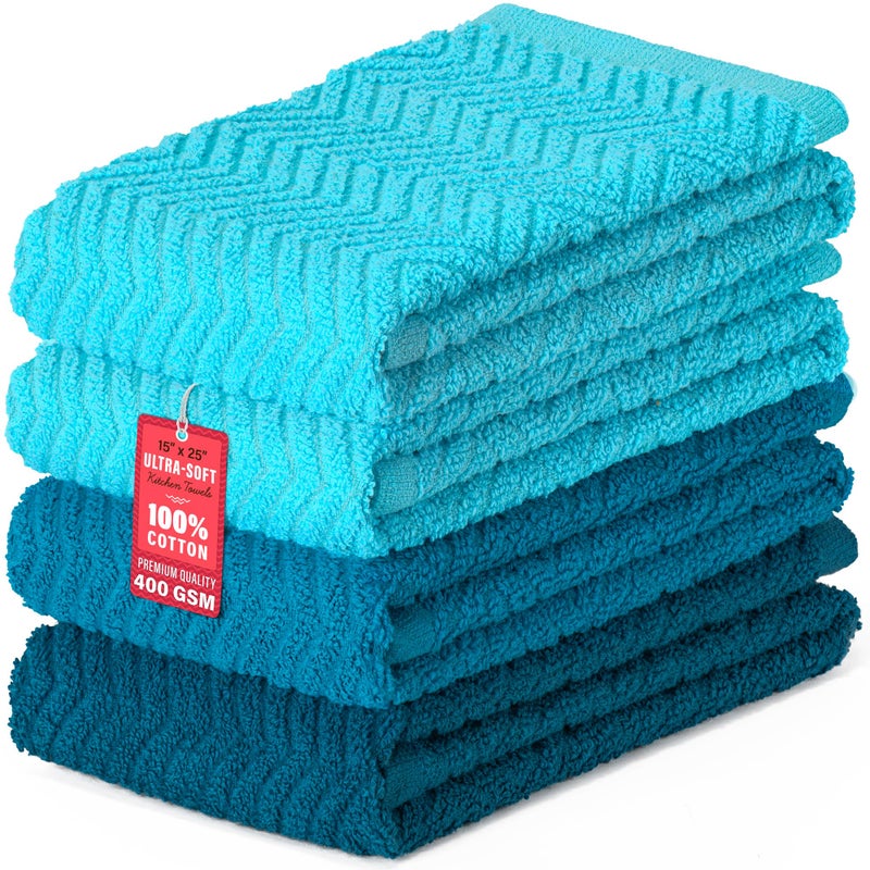 DecorRack 100% Cotton Kitchen Towels, 15" x 25" Absorbent Dish Towels [Premium Quality 400 GSM] Blue (Ocean Set, Pack of 4) - Image 1