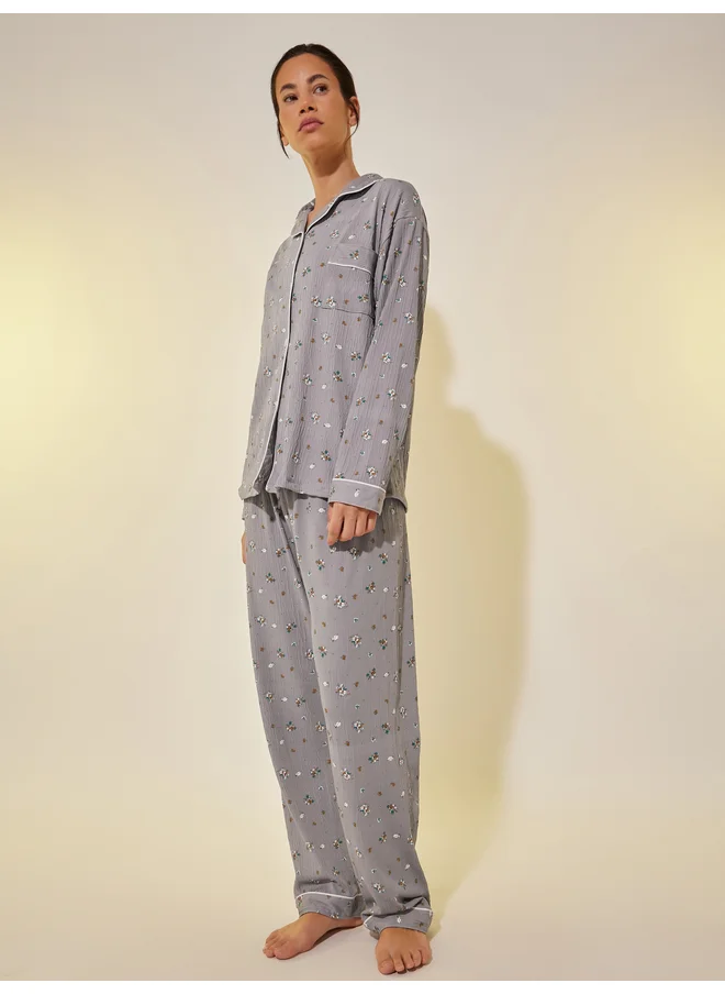 تايك تو Take Two Graphic Print Buttoned Shirt and Pyjama Set