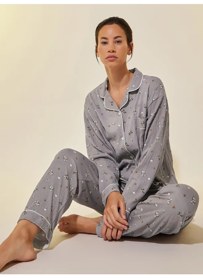 تايك تو Take Two Graphic Print Buttoned Shirt and Pyjama Set