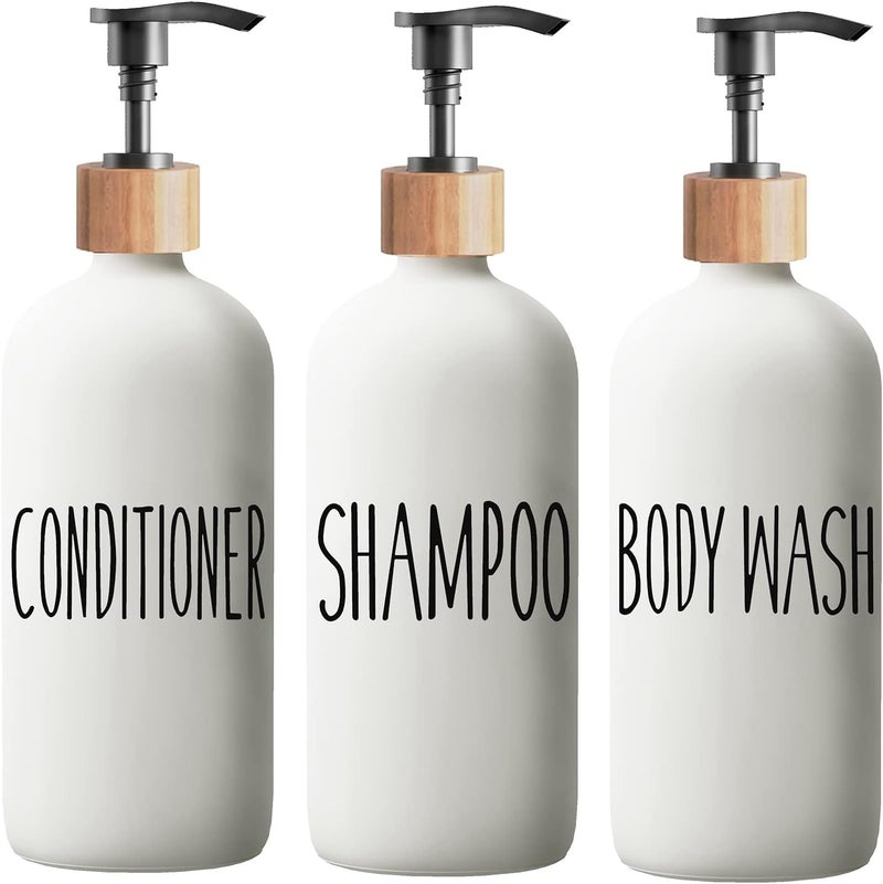 Aeakey Shampoo and Conditioner Dispenser Set - Easy to Read Labels - Pump Bottle Dispenser for Shampoo, Conditioner, Body Wash - Glass Refillable Containers for Shower - Image 1