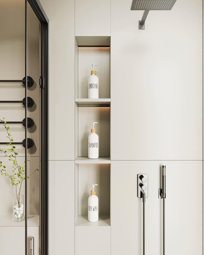 Aeakey Shampoo and Conditioner Dispenser Set - Easy to Read Labels - Pump Bottle Dispenser for Shampoo, Conditioner, Body Wash - Glass Refillable Containers for Shower - Image 3