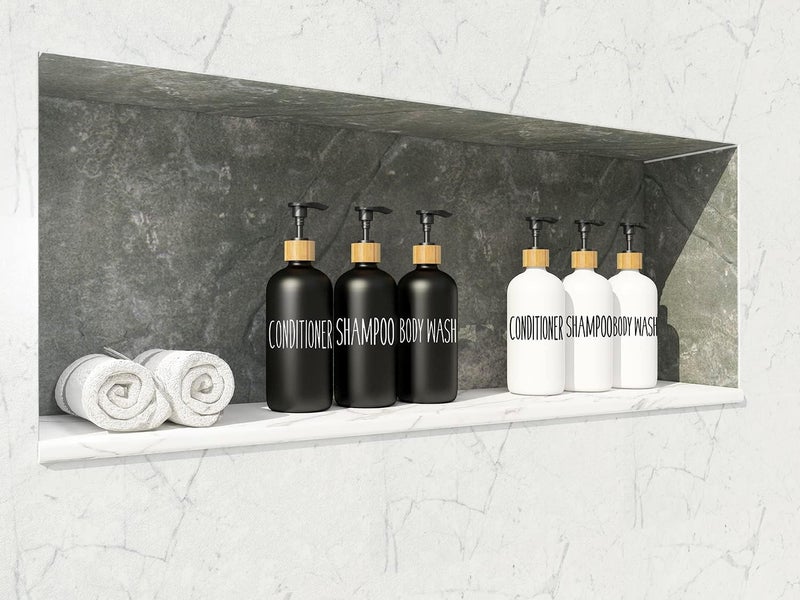 Aeakey Shampoo and Conditioner Dispenser Set - Easy to Read Labels - Pump Bottle Dispenser for Shampoo, Conditioner, Body Wash - Glass Refillable Containers for Shower - Image 4