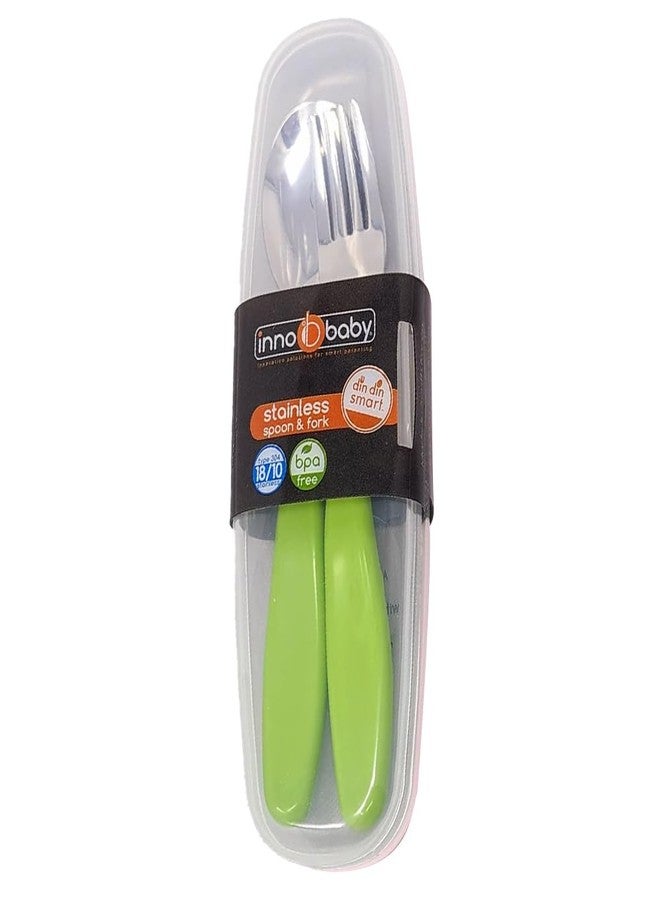 Innobaby Din Din Smart EZ Grip Spoon and Fork with Carrying Case, Utensil Set for Kids and Toddlers, BPA Free (Green) - Image 1