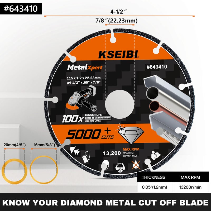 KSEIBI 643410 Diamond Cutting Wheel 4-1/2 x 7/8 inch - Cut Off Blade for Metal, Rebar, Steel, Cast Iron, Aluminium Non-Ferrous INOX - Ensures 5000+ Cuts Indestructible Disc Angle Grinder Attachment - Image 3