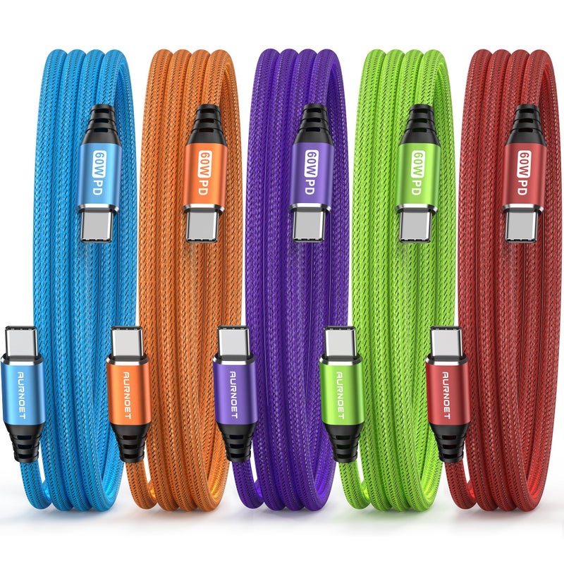 Aurnoet USB C to USB C Cable, 6FT 5-Pack Type C to Type C Charger Cable Fast Charging Cord 60W for iPhone 15/15 Pro/15 Plus/15 Pro Max, Samsung Galaxy S23 S22 S21 Ultra - Image 1