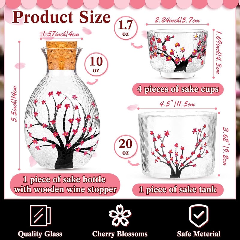 Irenare طقم ساكي ياباني مكون من 6 قطع لـ 4 أشخاص، زهور الكرز الوردية، طقم زجاجات وأكواب ساكي يتضمن 1 زجاجة و1 وعاء و4 أكواب للمشروبات الباردة والساخنة، هدايا عيد الميلاد اليابانية - Image 2