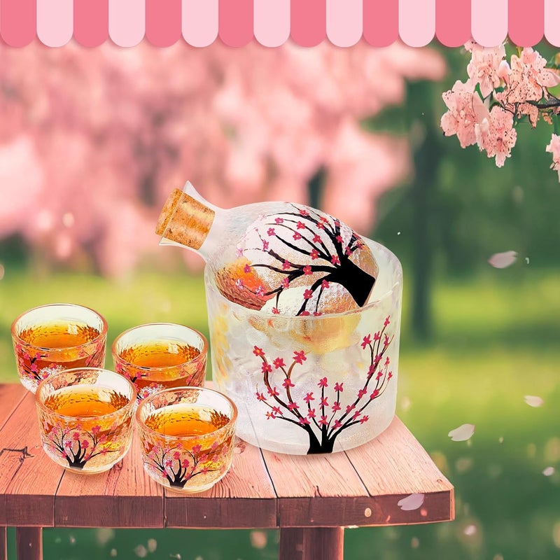 Irenare طقم ساكي ياباني مكون من 6 قطع لـ 4 أشخاص، زهور الكرز الوردية، طقم زجاجات وأكواب ساكي يتضمن 1 زجاجة و1 وعاء و4 أكواب للمشروبات الباردة والساخنة، هدايا عيد الميلاد اليابانية - Image 4