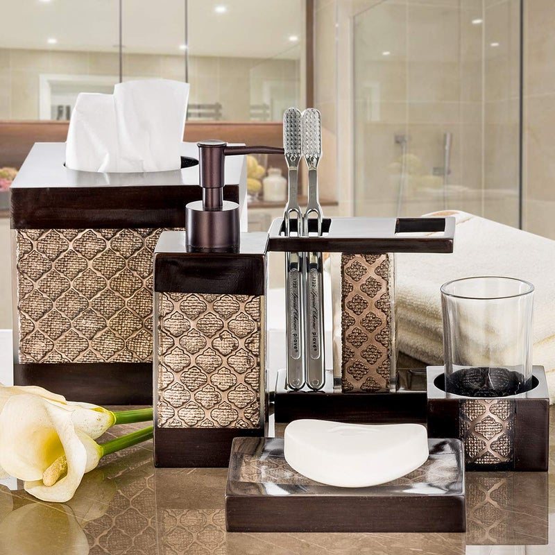 Creative Scents Dahlia Brown Bathroom Accessory Set Complete - Decorative 4 Piece Bathroom Sets Accessories Includes: Soap Dispenser, Toothbrush Holder, Tumbler and Soap Dish - Image 4