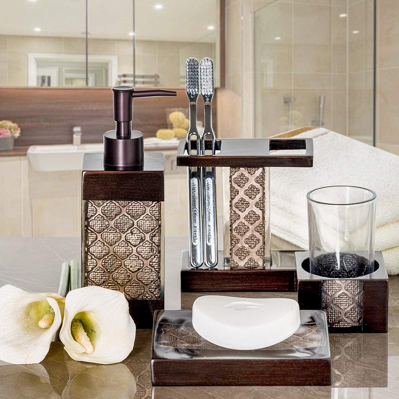 Creative Scents Dahlia Brown Bathroom Accessory Set Complete - Decorative 4 Piece Bathroom Sets Accessories Includes: Soap Dispenser, Toothbrush Holder, Tumbler and Soap Dish - Image 2