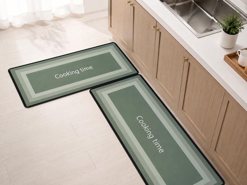 Cooking Time Kitchen Mat, Set of 2, Green Back Adhesive Water Proof