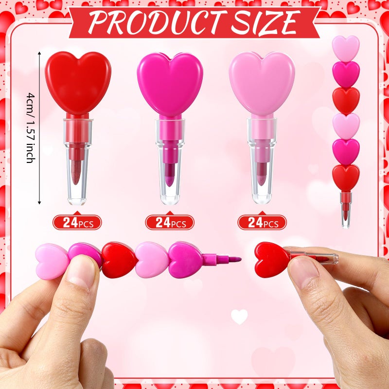 Jaloro 72 Pcs Valentines Day Crayons Heart Stacking Crayon 3 Colors Lovely Shaped Stacking Party Favors for Valentines Day, Family Party Gifts - Image 2