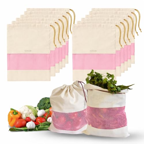 Solitude Set of 12 Cotton Vegetable Bags Fridge Storage Bag Sabji Fruits Pouch Refrigerator Produce Muslin Reusable Washable & Multipurpose use Cloth Bags with Drawstrings - Image 1
