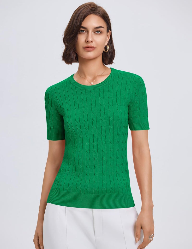 Micoson Womens Green Summer Sweater St.Patrick's Day Short Sleeve Round Neck Shirts Dressy Casual Soft Cable Knit Spring Summer Tops XL - Image 4